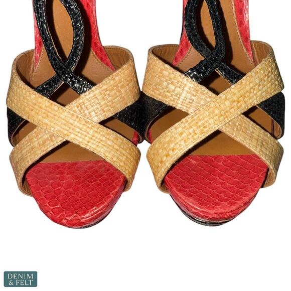 Fendi Tri-Color Raffia & Snakeskin Slingback Platform Sandals 38.5 / US 8.5 - Picture 8 of 12